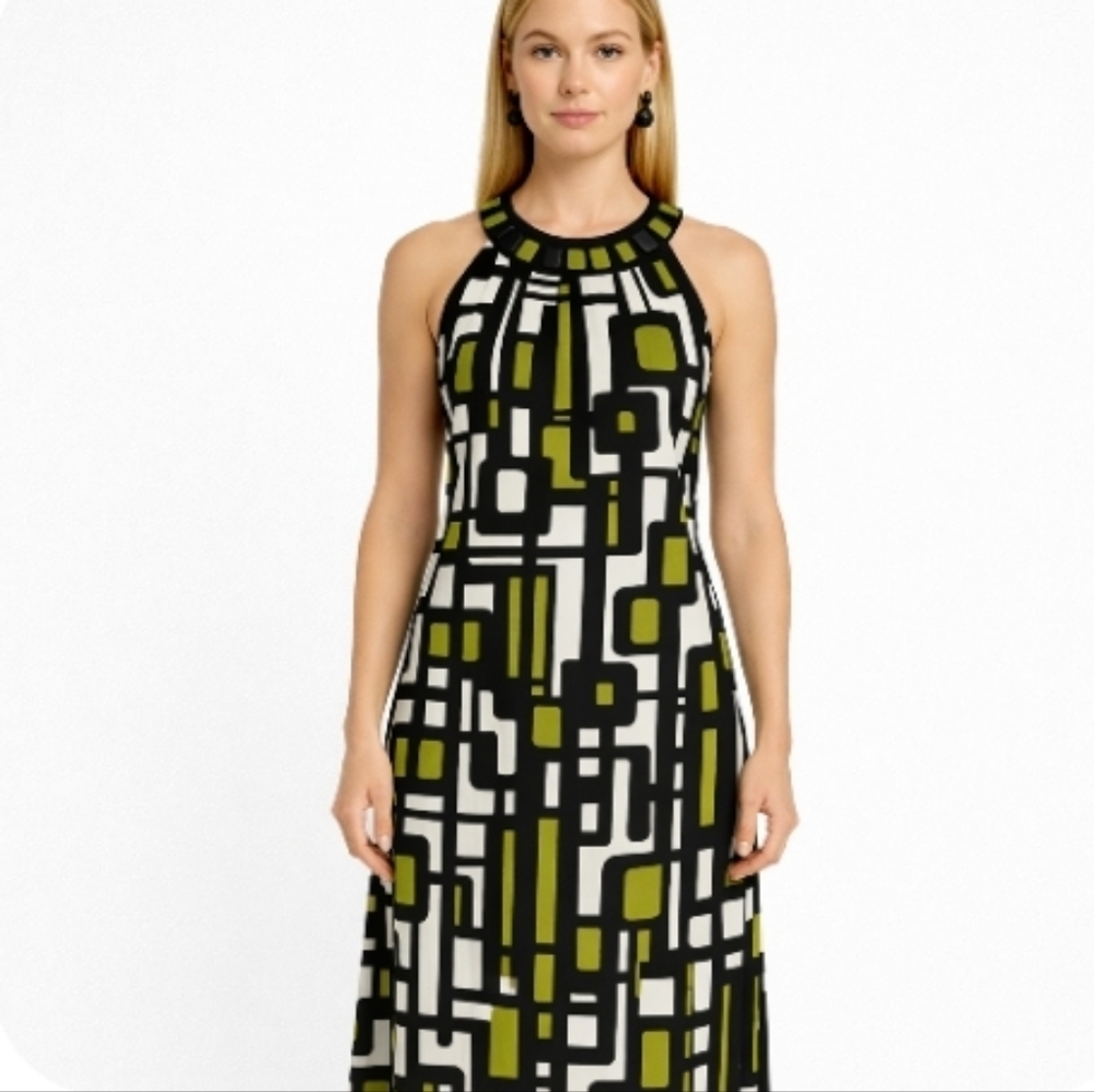 Laura Petite | Geometric Print Halter Neckline Midi Dress - Picture 11 of 11